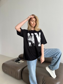 Женская футболка Оверсайз с накатом NY, Oversize, Черный