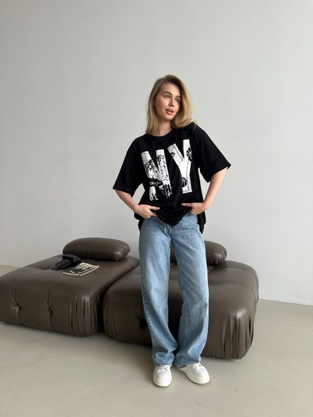 Женская футболка Оверсайз с накатом NY, Черный, Oversize
