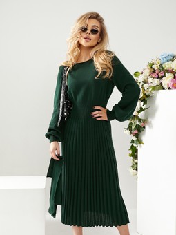Knitted midi dress with pleated skirt, Бутылочный