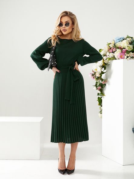 Knitted midi dress with pleated skirt, Бутылочный