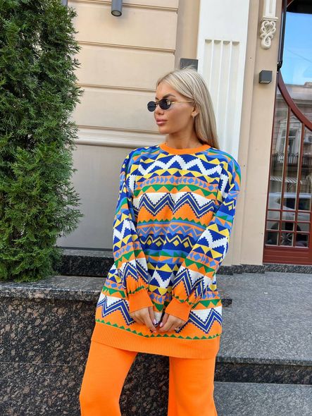 Knitted suit with geometric pattern - pants and tunic, Оранжевый