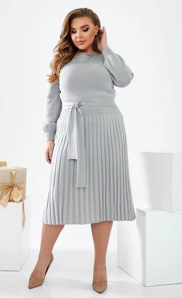 Knitted midi dress with pleated skirt, 42/46, Серый