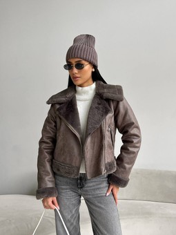 Stylish women's sheepskin jacket made of eco-leather, Серый, 42