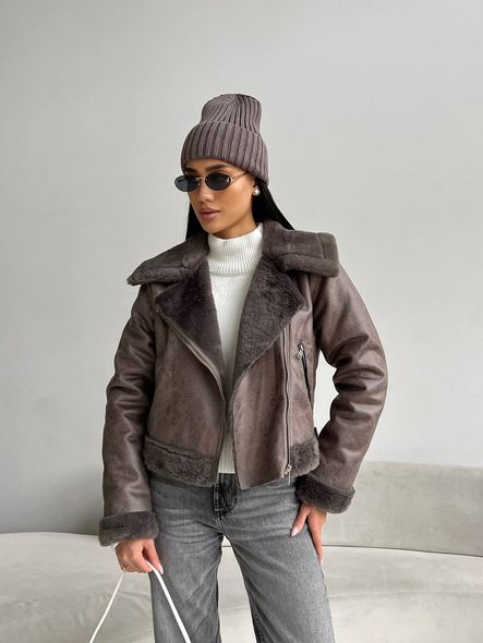 Stylish women's sheepskin jacket made of eco-leather, Серый, 42