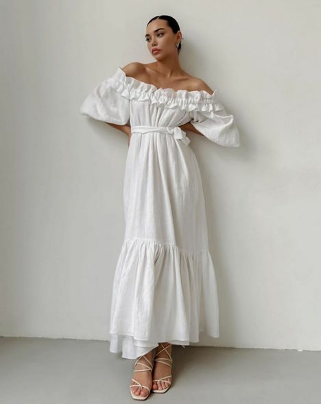 Белое льняное платье в пол с открытыми плечами Onesize
