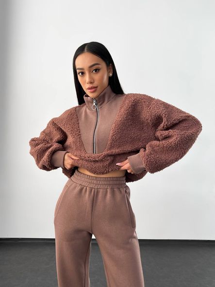 Warm tracksuit with fur inserts, 42/44, Мокко