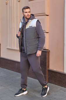 Мужской спортивный костюм-тройка на флисе с жилетка, Серый, 46