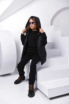 Warm three-piece suit with vest for girls for height 128-164 cm, Черный, 128-134