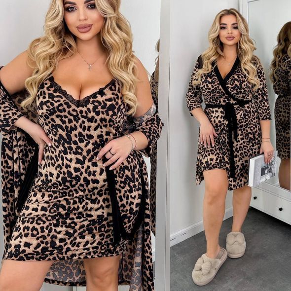 Домашний комплект plus size с халатом и пеньюаром Animal prints