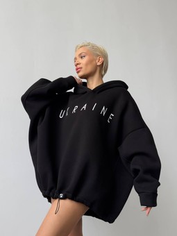 Insulated oversized hoodie on fleece with the inscription "Ukraine", Черный, Oversize